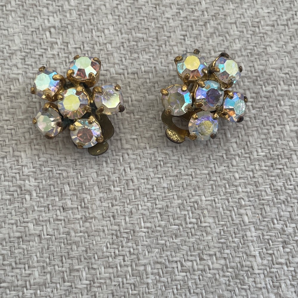Vintage Floral Cluster Rhinestone Crystal Clip On Earrings Aurora Borealis