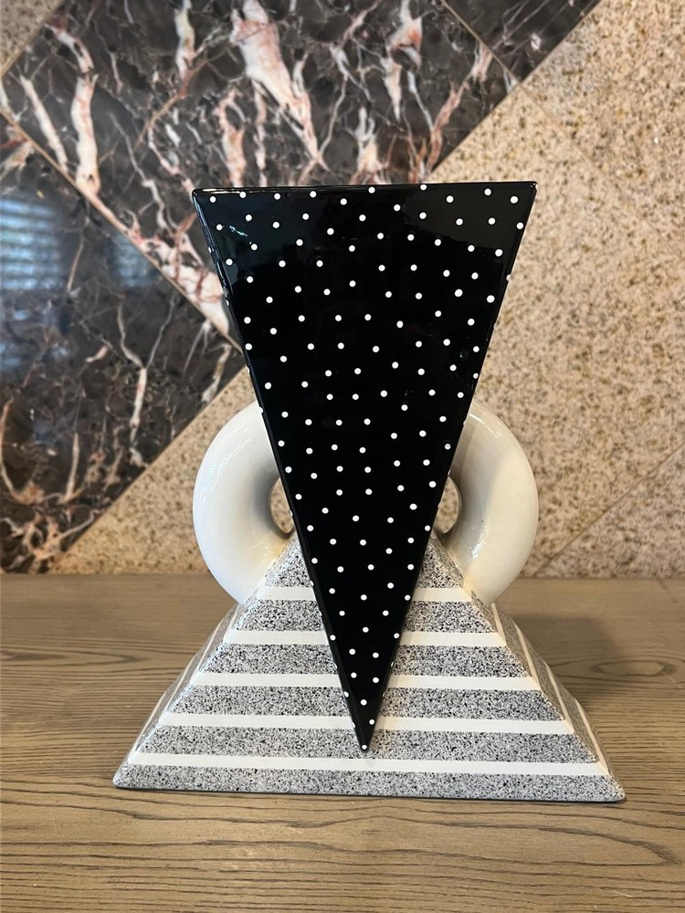 Vintage 1980s Postmodern Memphis Black & White Polka Dot Ceramic Vase Signed 11
