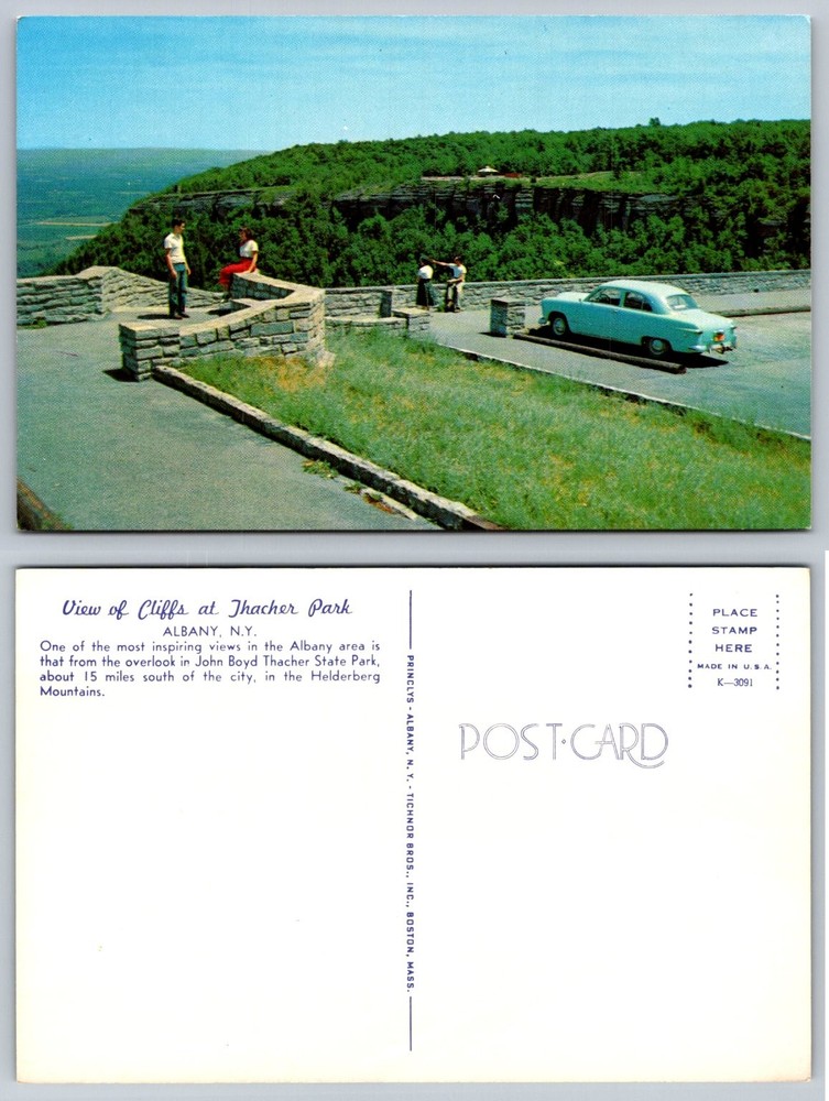 Vintage Thacher Park Cliffs Overlook Postcard Albany NY 1950s Car Helderberg