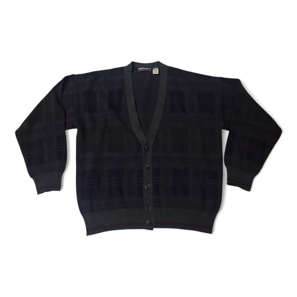Vtg Smith-Forester 70% Wool Mens Green Plaid Cardigan Sweater Size Large Italy