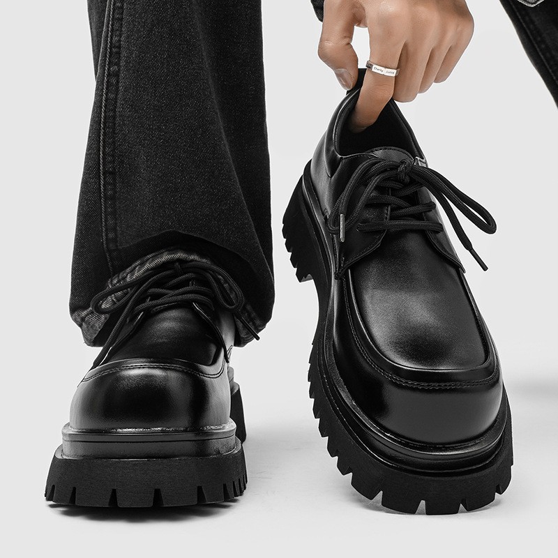 Men's Big Round Toe Platform Thick Sole Dress Lace Up Casual Derby Leather Shoes