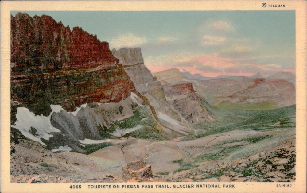 Tourists on Piegan Pass Trail Glacier National Park Postcard Unposted Hileman