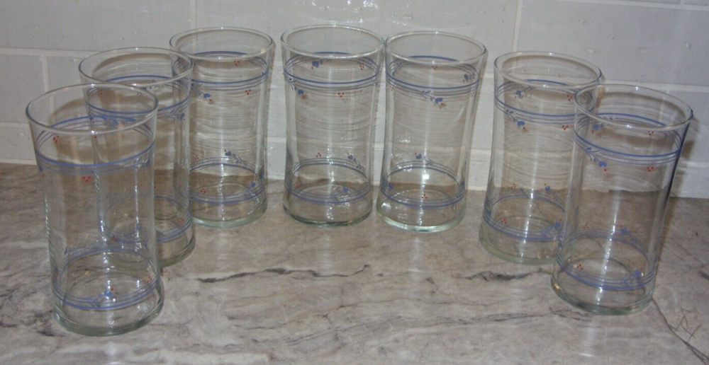 Corelle Country Violets 7 Drinking Glasses Tumblers 12 oz Blue and Red Very Good