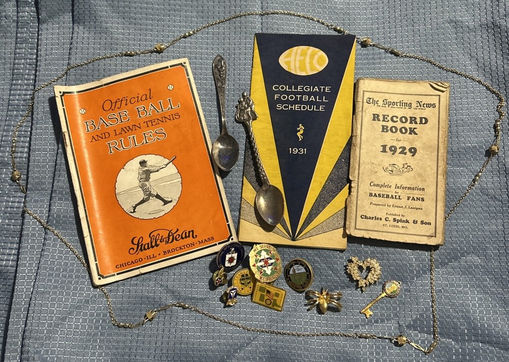 #4 Vintage Grandpa’s Junk Drawer Lot Baseball, Pins, Jewelry