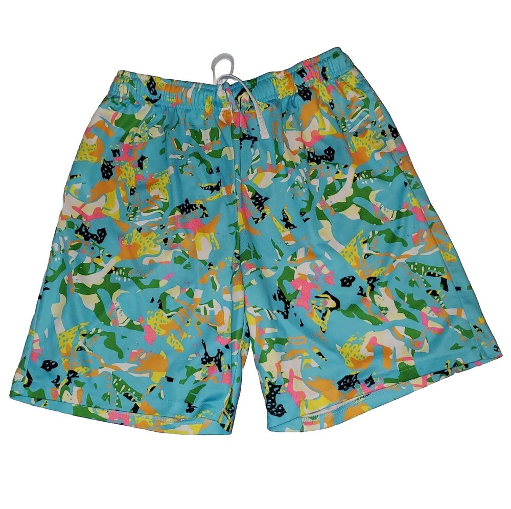 EUC Mens SMALL Tek Gear Abstract Light Blue Graphic Mesh Shorts All Over Print-image