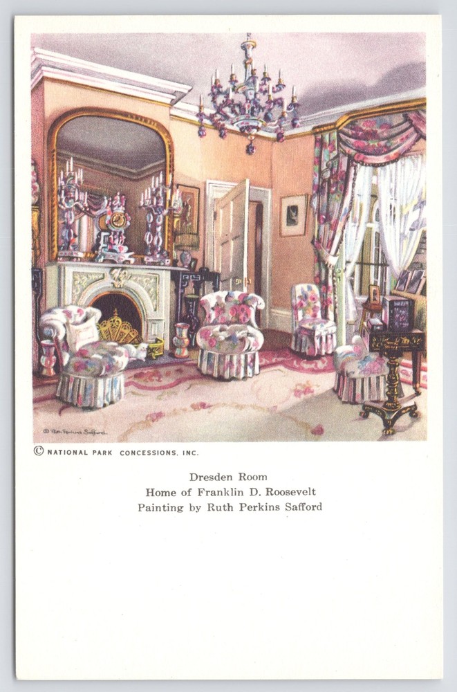 Hyde Park New York~Franklin D Roosevelt Home~Dresden Room~1950s Postcard