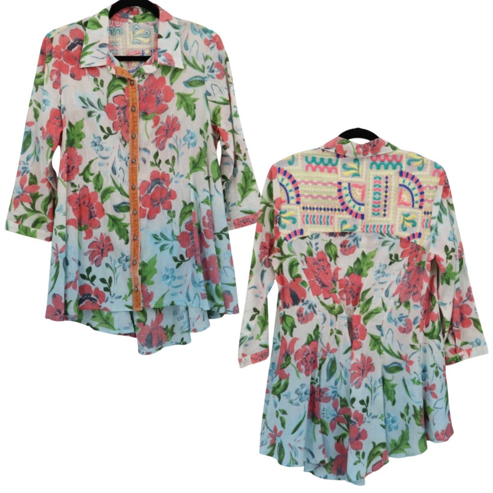 Aratta Silent Journey Floral Embroidered Shirt Womens M White Bohemian Boho