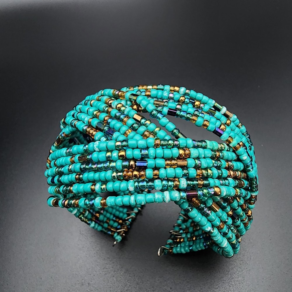 Turquoise Bronze Glass Seed Bead Braided Memory Wire Boho Cuff Bracelet
