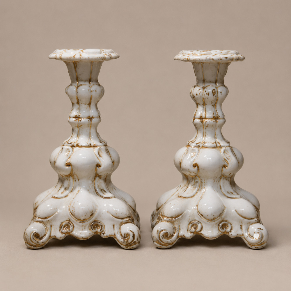 Vintage Holland Mold Ceramic Candlestick Holders Set of 2 White Gold Accent