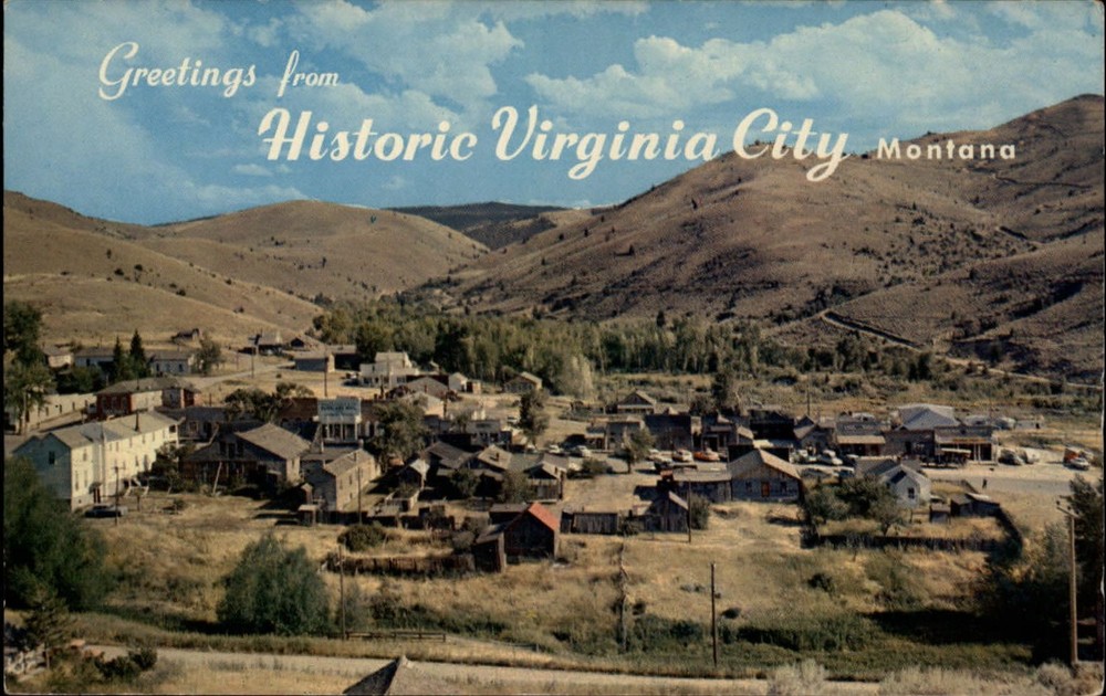 Greetings from Historic Virginia City Montana aerial view ~ 1950-60s postcard
