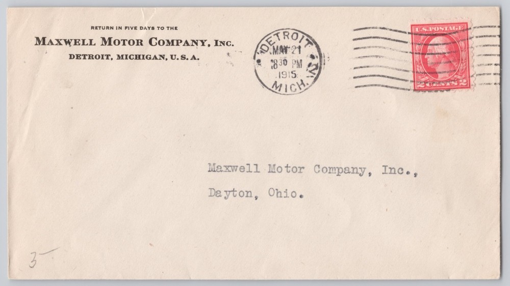 Detroit, Michigan, Maxwell Motor Company return envelope, 1915