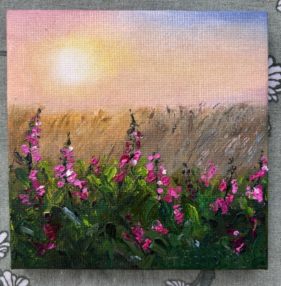 Original Oil Painting on Canvas 4x4in with Mini Easel Pink Wildflowers at Sunset