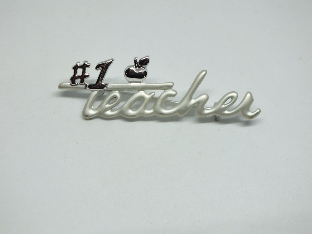 Beautiful Brooch Pin Silver Tone #1 TEACHER Matte Shiny Finish 2 1/4 x 3/4
