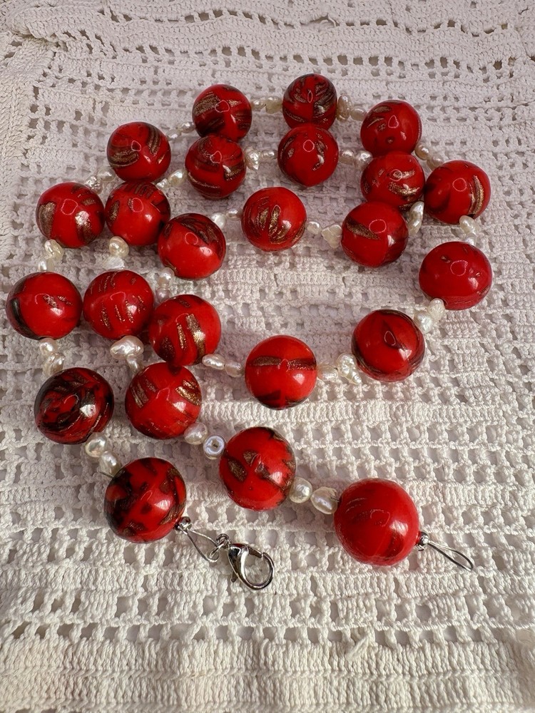 Vintage Czech Molded Glass Aventurine Red Bead Pearl Restrung Necklace