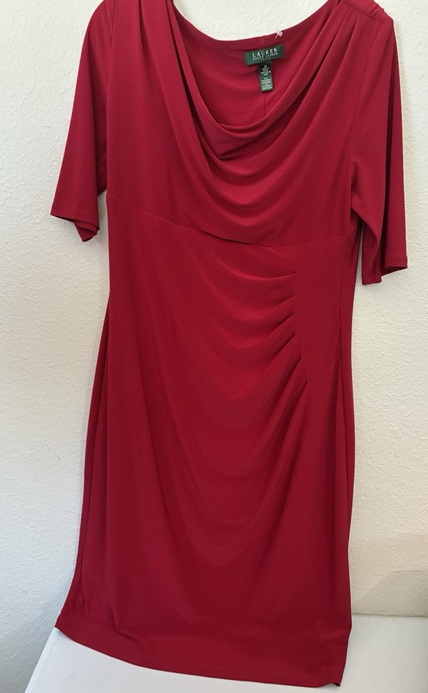 Lauren by Ralph Lauren Red Long-Sleeve Midi Dress Draped Elegant Style Size 14