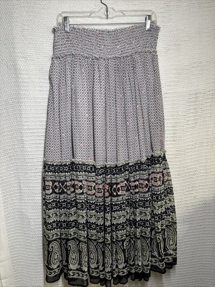 Chaudry KC Boho Maxi Skirt Sz L Hippie Festival Colorful Gypsy Green Black White