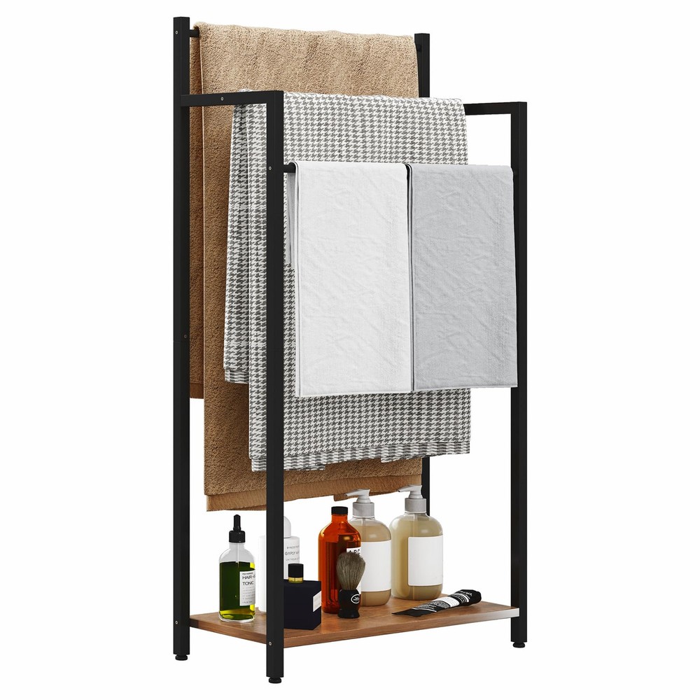 Freestanding Towel Rack, 3 Tier Blanket Ladder Stand with Rustic Brown Wooden...