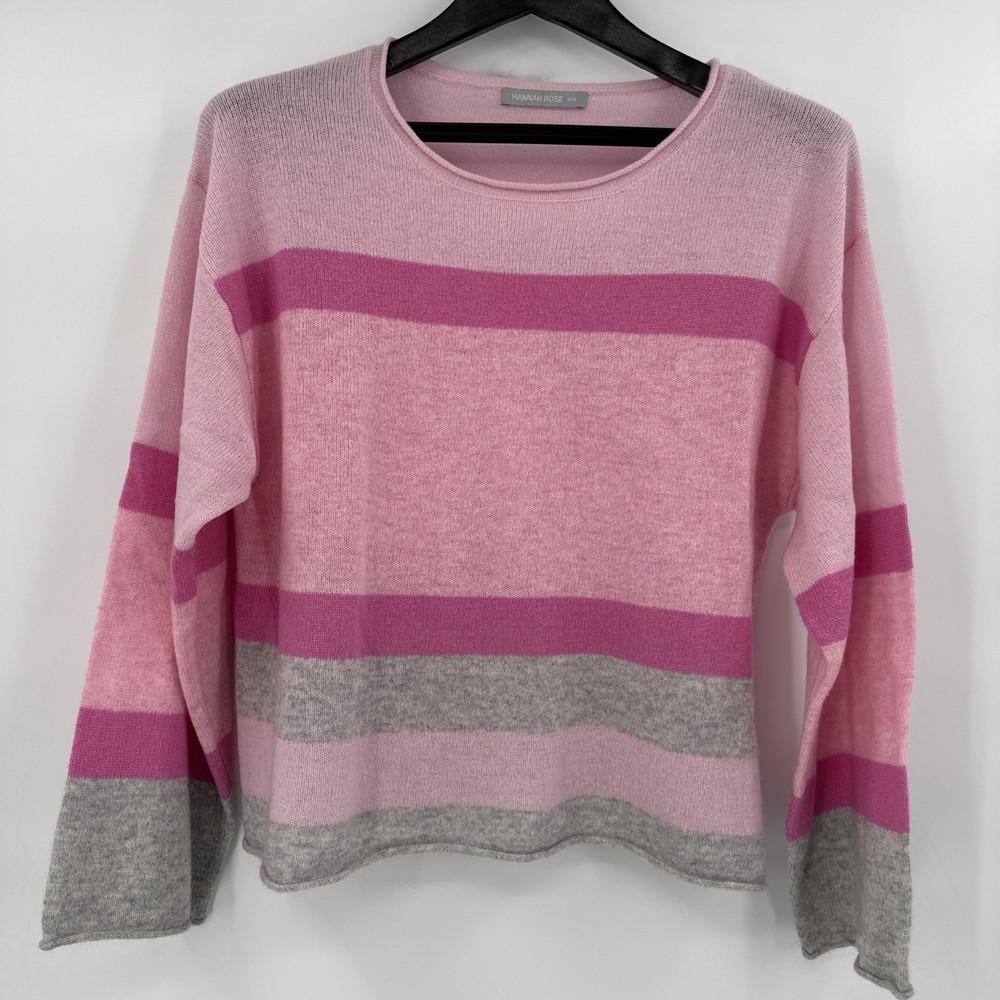 HANNAH ROSE Cashmere Striped sweater Knit Crewneck Women M Pink Gray Pullover