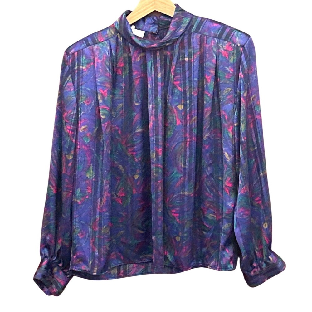Vintage Illustrations Blouse Jewel Tone Abstract 80s Retro Mock Neck Pleated Top