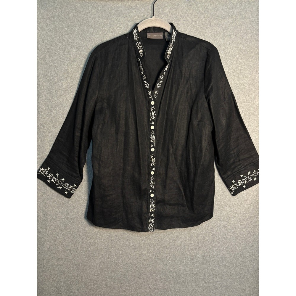 Creativity Women's Black 100% Linen Embroidered Button Front Blouse Top M