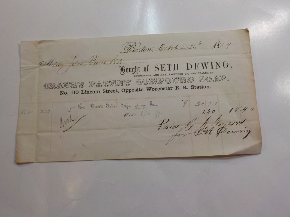 Antique Document 1859 Seth Dewing Crane's Patent Compound Soap Billhead Paper