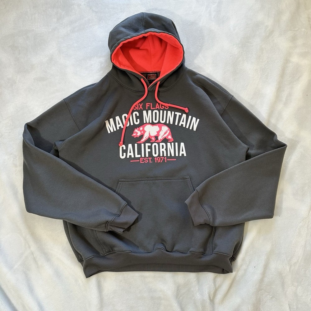 Vtg Early 90s Six Flags Gray Red Emo Goth Skater Hoodie Sweatshirt L/XL