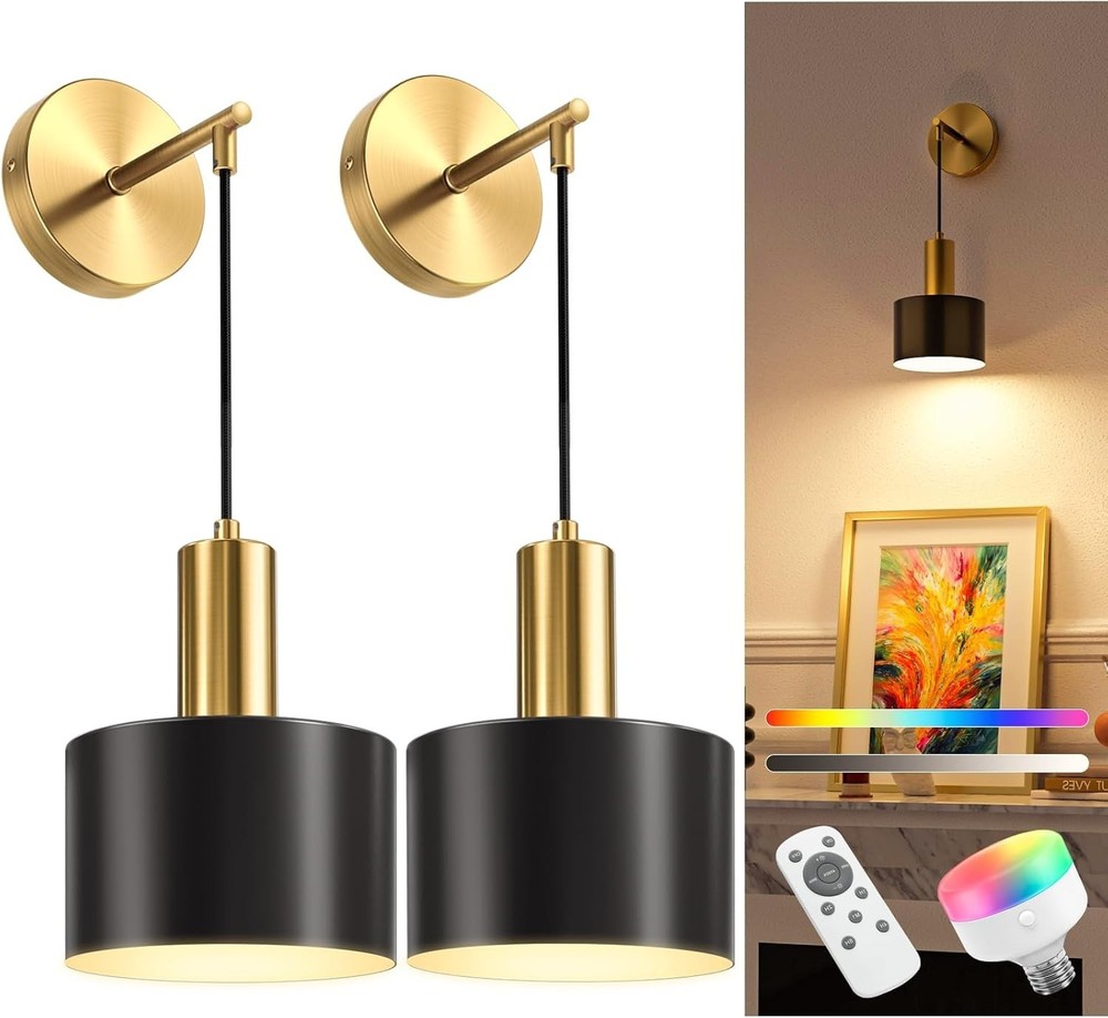 Battery Operated Wall Sconce Set of 2, Gold & Black Wireless Rechargeable