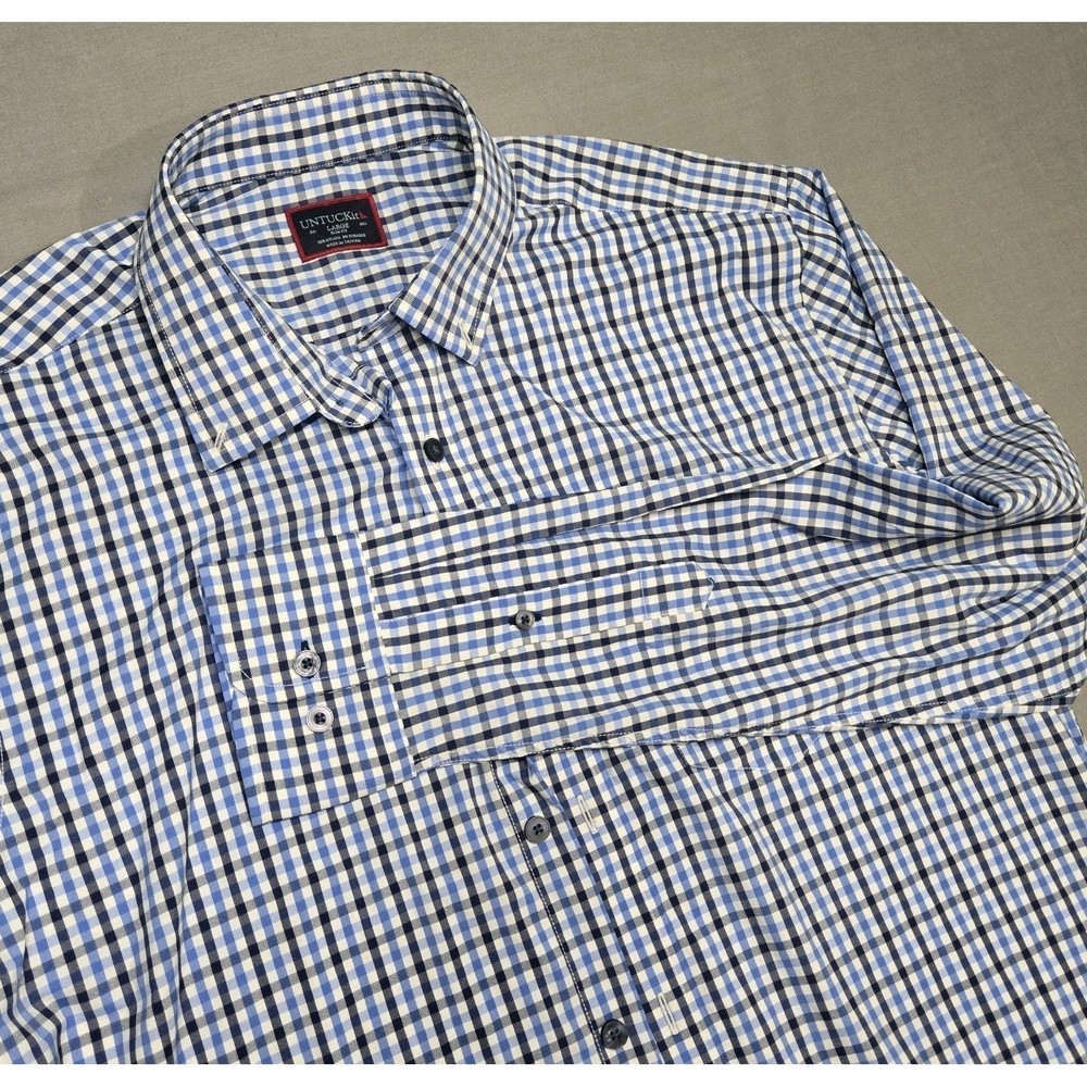 Blue White Gingham UNTUCKit Long Sleeve Button Down Shirt Mens Large Slim Fit