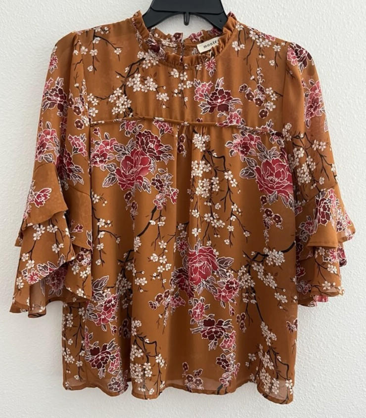 Women’s Monteau Los Angeles Brown Floral Blouse Flared Sleeves Size Medium