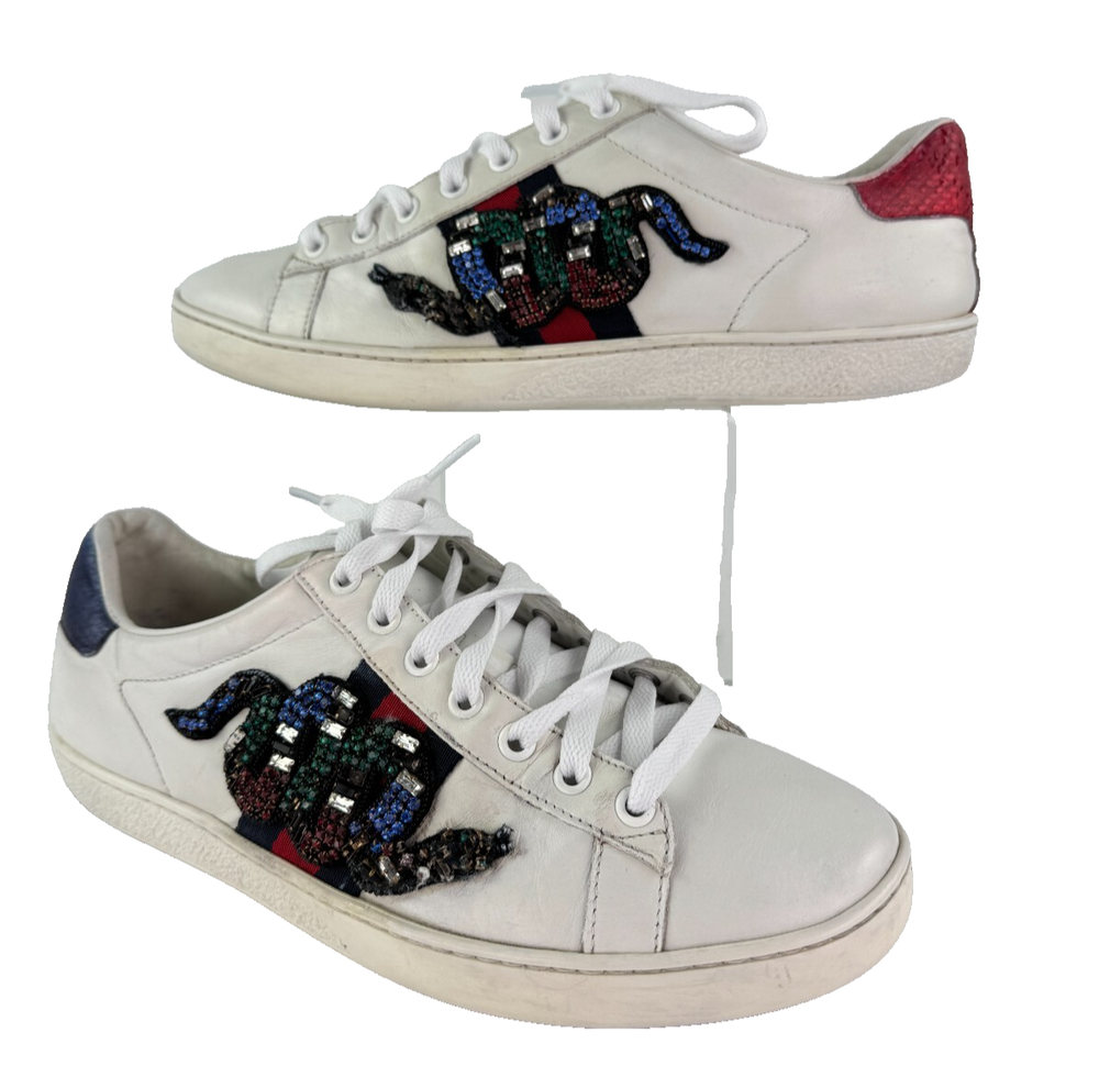 Gucci Women Ace White Leather Sneakers with Embroidered Snake Size 8.5 US 38.5 EU