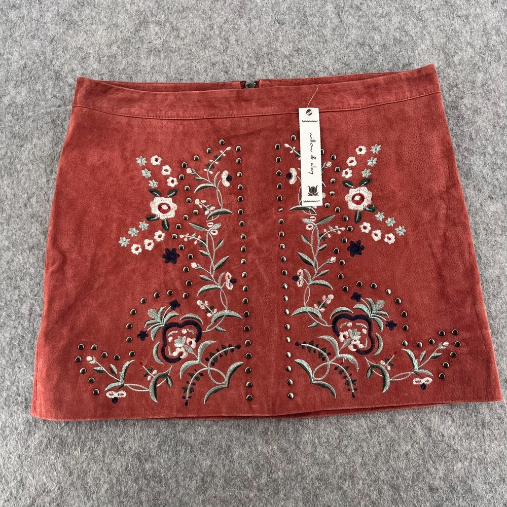 Willow & Clay Embroidered Mini Skirt Red L Leather Floral Bohemian Lined NEW
