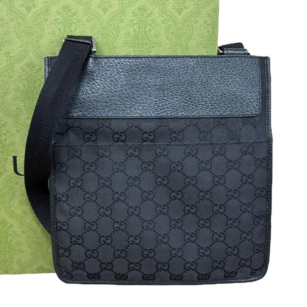Gucci GG Canvas Black Leather Shoulder Bag Crossbody Authentic Pre-Owned