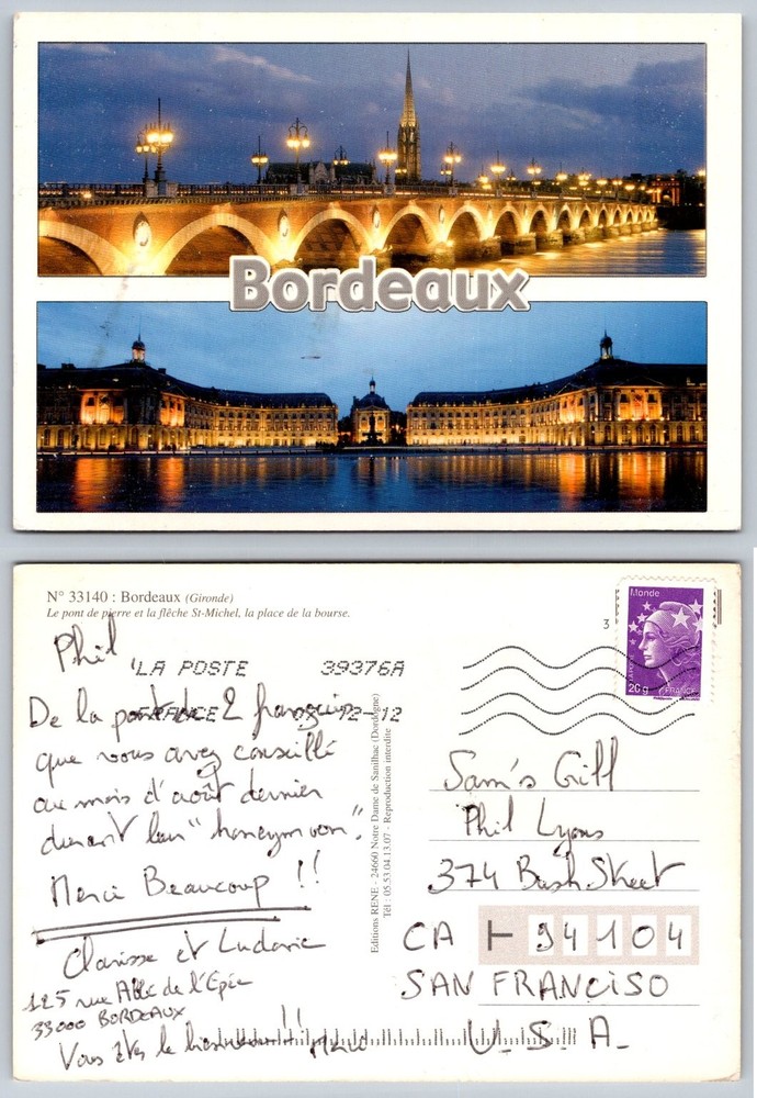 Bordeaux Night View Postcard: Pont de Pierre & Place de la Bourse France