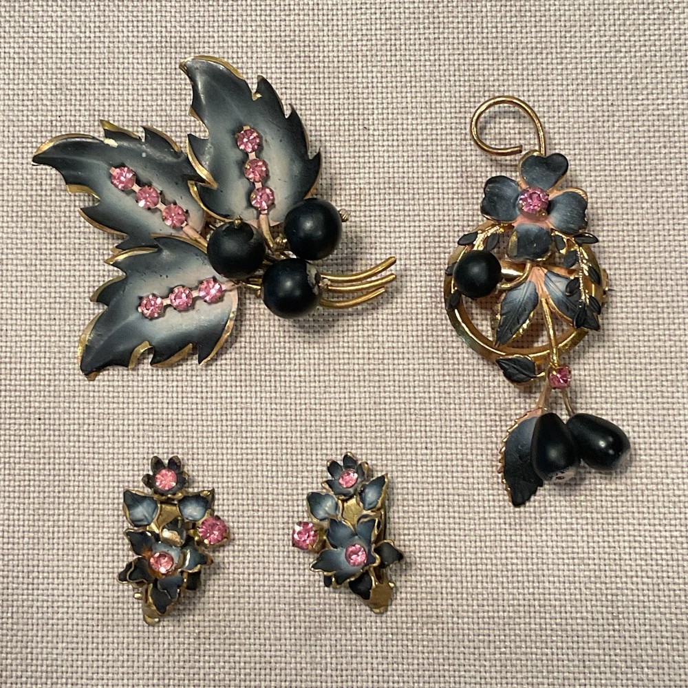 Vintage Austria Signed Pink Rhinestone Brooch & Earring Set of 2