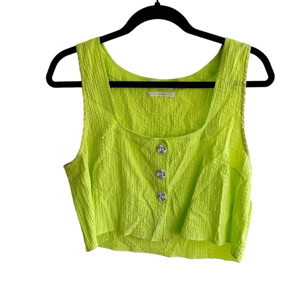 Urban Outfitters Neon Green Crepe Cropped Button Front Retro Tank Top Lrg