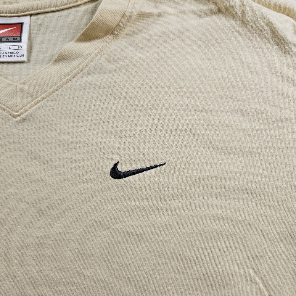 Nike Shirt Womens XL Yellow Tan V Neck Swoosh Logo Athletic Casual Tee Y2K 90s
