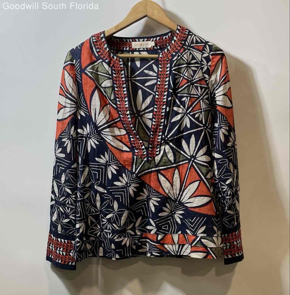 Authentic Tory Burch Womens Multicolor Floral Print Cotton Blouse Top Size 4