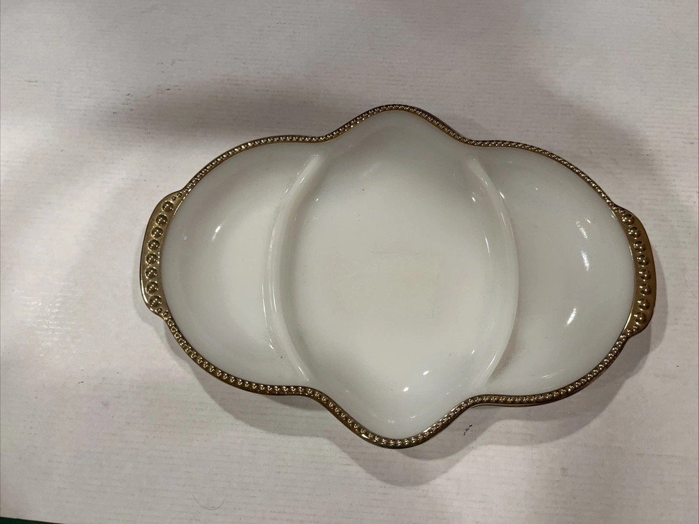 FIRE KING Oven Ware Milk Glass Divided Relish Serving Dish White Gold Trim VTG