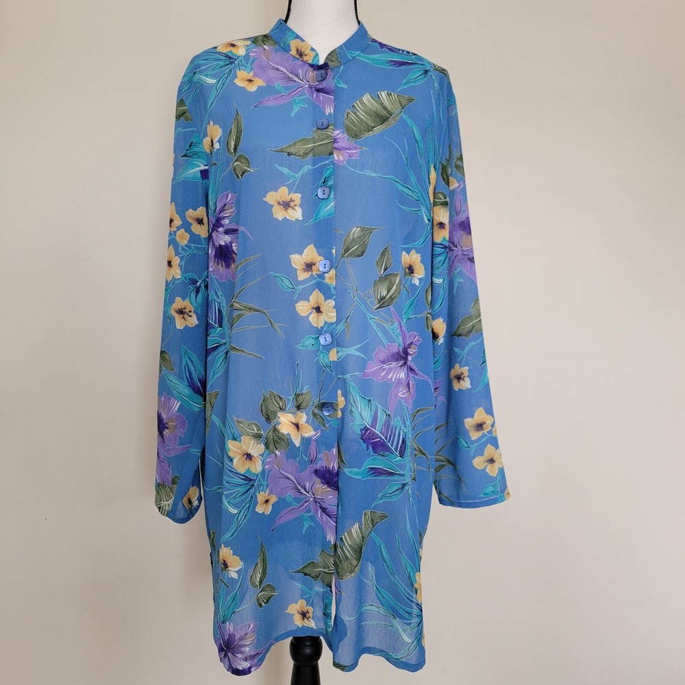 Susan Graver Style Size XL Button Front Sheer Tropical Crinkle Chiffon Tunic Top