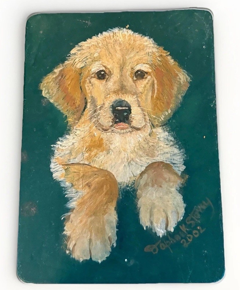 Hand Painted Wood Step Foot Stool Golden Retriever Puppy Artist Signed Folk Art