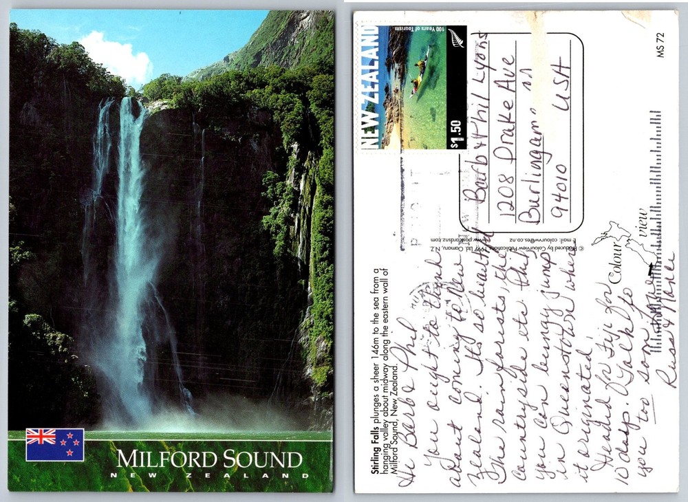 Milford Sound Stirling Falls New Zealand Postcard 1997 Posted