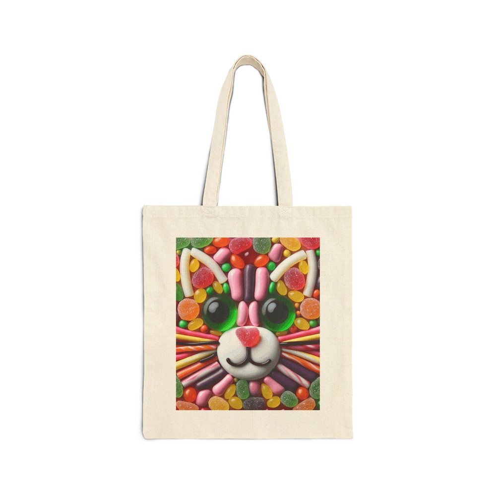 Cotton Canvas Tote Bag with Playful Candy Cat Face Design for Everyday Use or Gifting