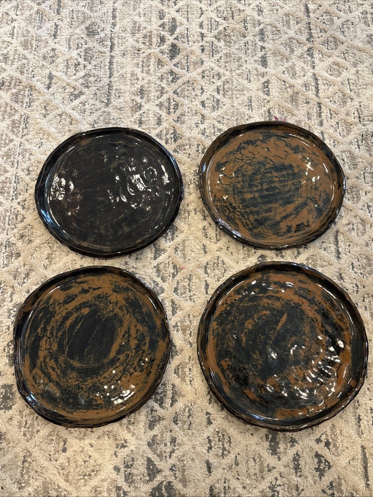 Handmade Ceramic Swirl Brown Black Glaze Plates Set of 4 Studio Pottery
