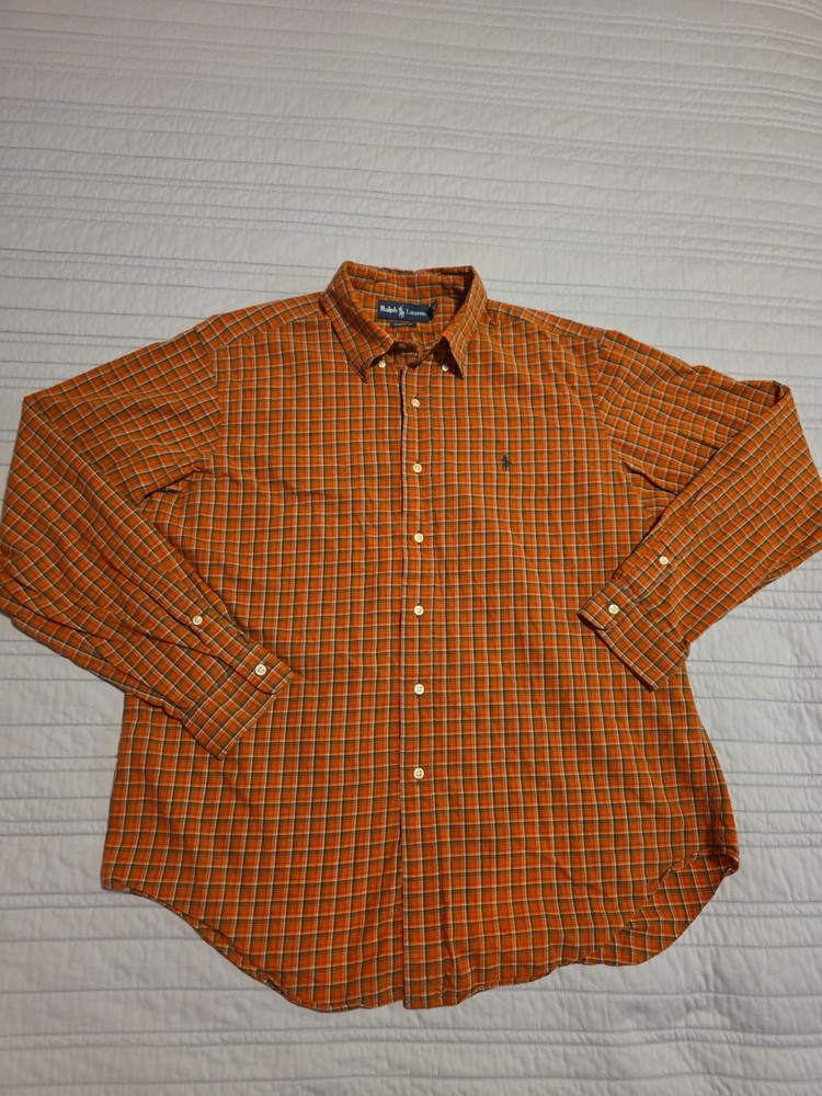 Ralph Lauren Classic Fit Shirt Mens XL Orange Plaid Button Down Long Sleeve...