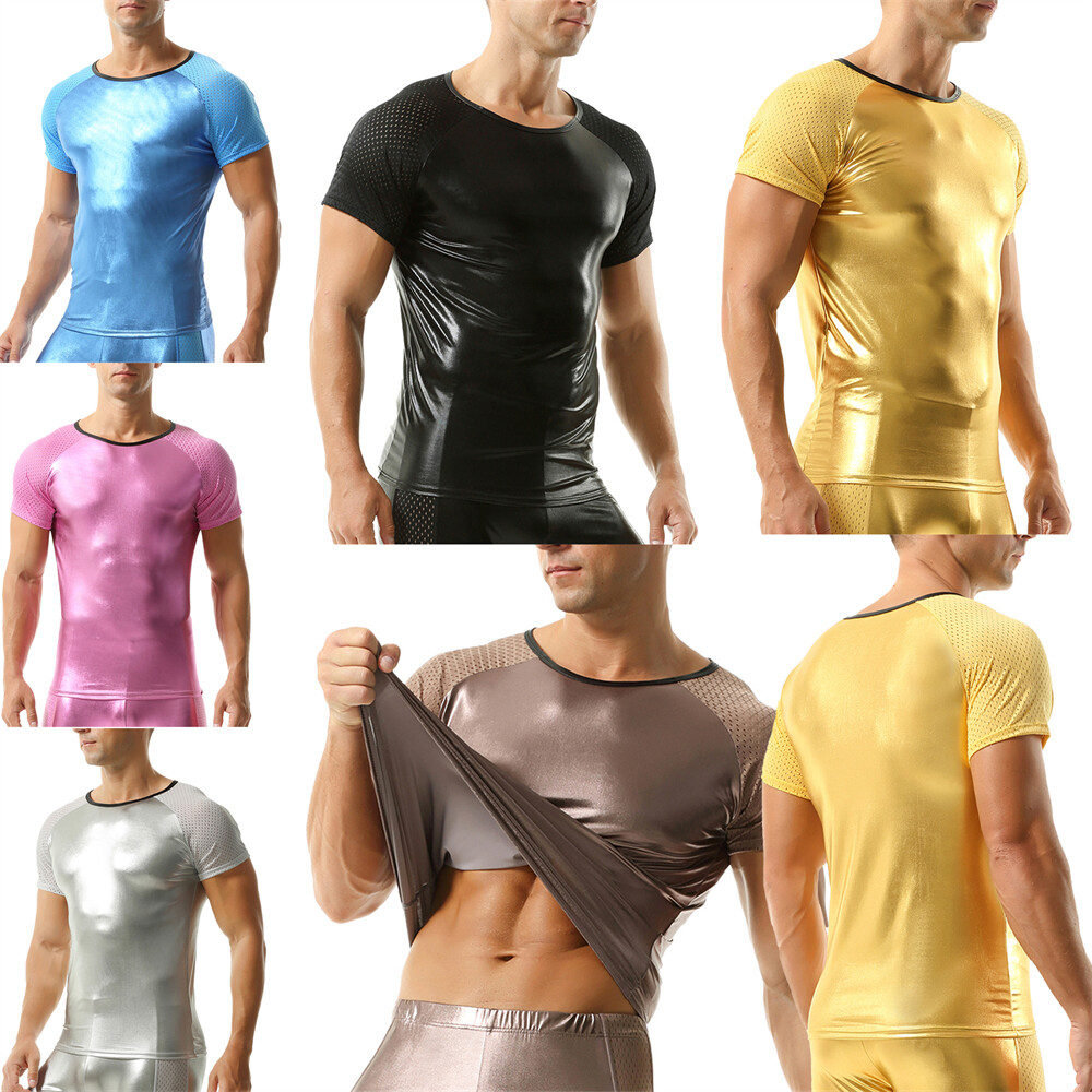 Men Shiny Faux Leather Mesh Short Sleeve Muscle T-Shirts Slim Fitness Club Top