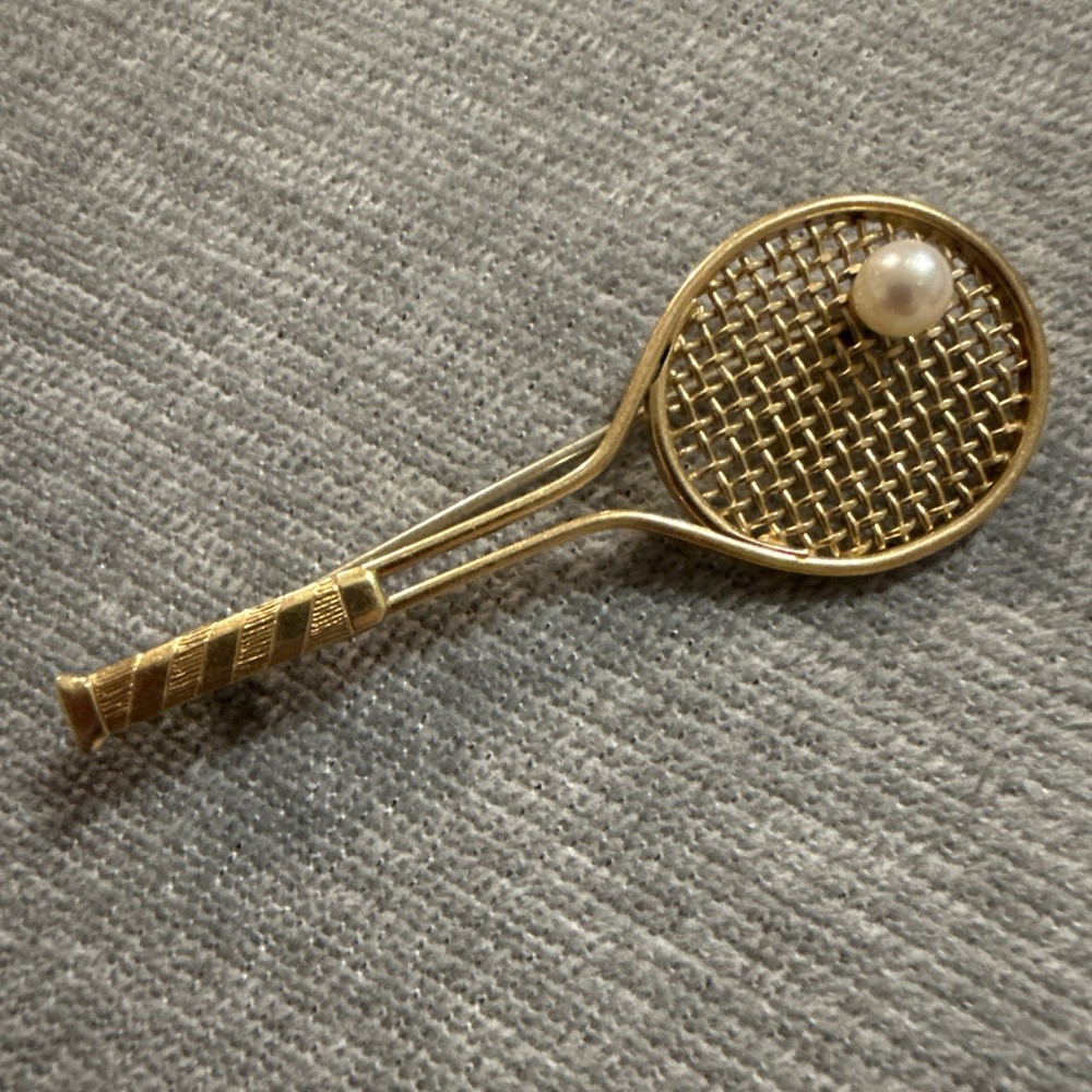 Vintage KREMENTZ Gold Tone Faux Pearl Tennis Racket Pin Brooch