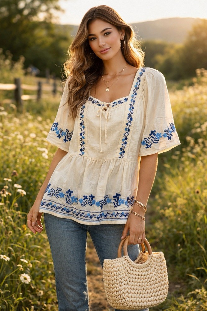 Old Navy Cottagecore Peasant Top XS  Floral Embroidered Boho