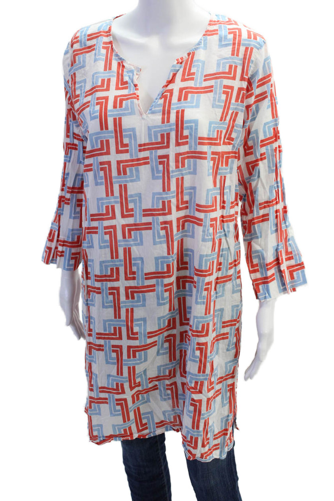 Gretchen Scott Womens Long Sleeve V Neck Abstract Tunic Top White Blue Orange XLFree Shipping in US $100+ Orders | $6.95 Orders Below