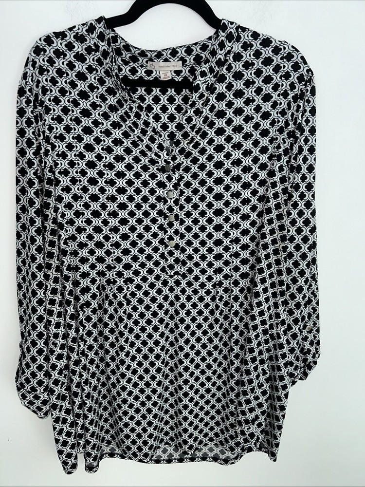 DB Established 1962 Size 3X Black White Geometric V-Neck 3/4 Sleeve Tunic Top