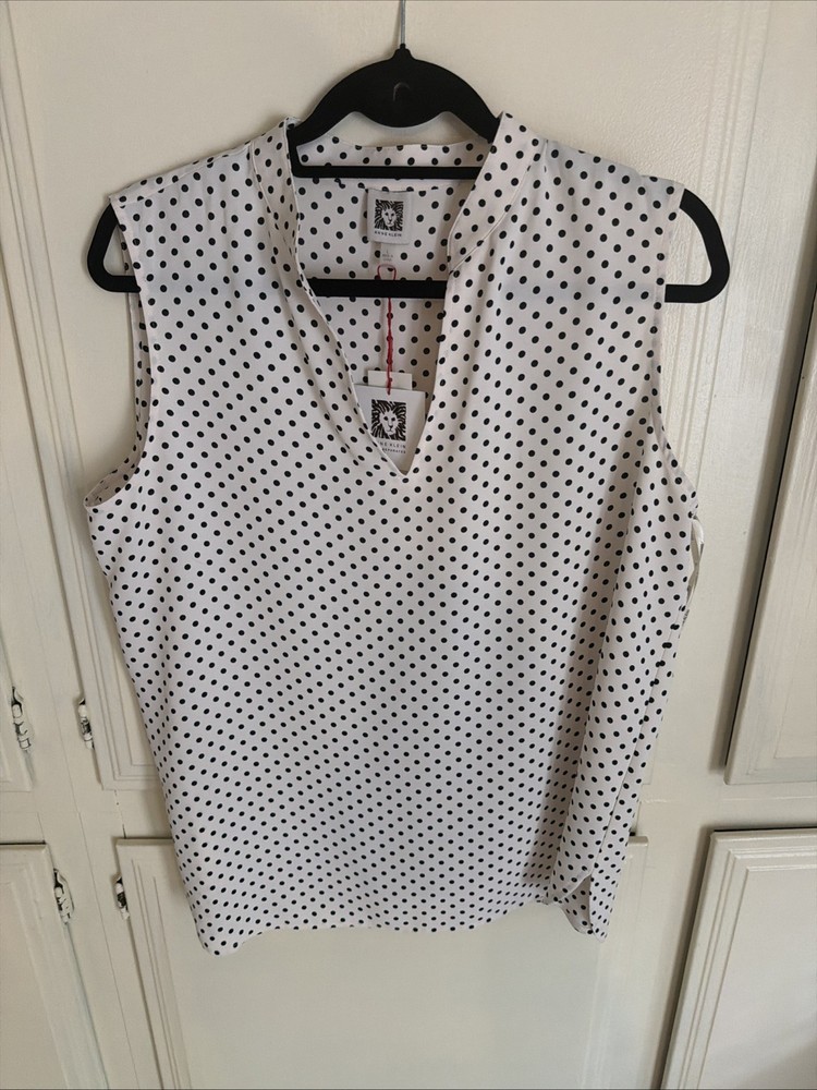 NWT Anne Klein Sleeveless Blouse V Neck White Polka Dots Office Women’s Large